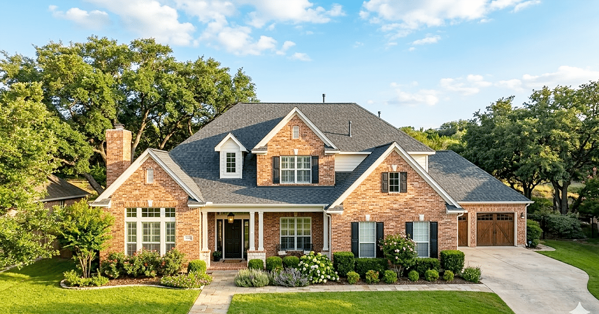Georgetown Roofers - Freshly installed architectural shingle roof on a brick home in Georgetown TX by Ja-Mar Roofing & Sheet Metal