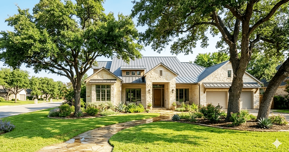 High-quality standing seam metal roof installation by Georgetown roofers on a traditional Texas limestone home, featuring professional craftsmanship and clean modern roof lines under a clear blue sky.