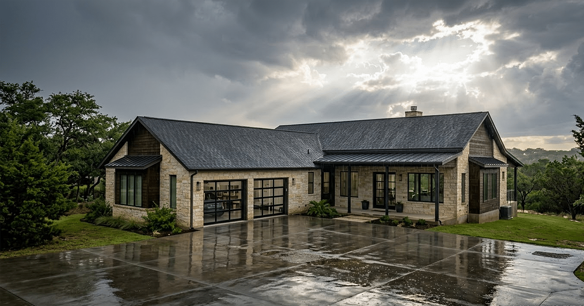 A modern New Braunfels home featuring a newly installed dark architectural shingle roof by local roofers, captured during a dramatic sky after a Texas storm with sunlight breaking through clouds and reflecting on a wet driveway.