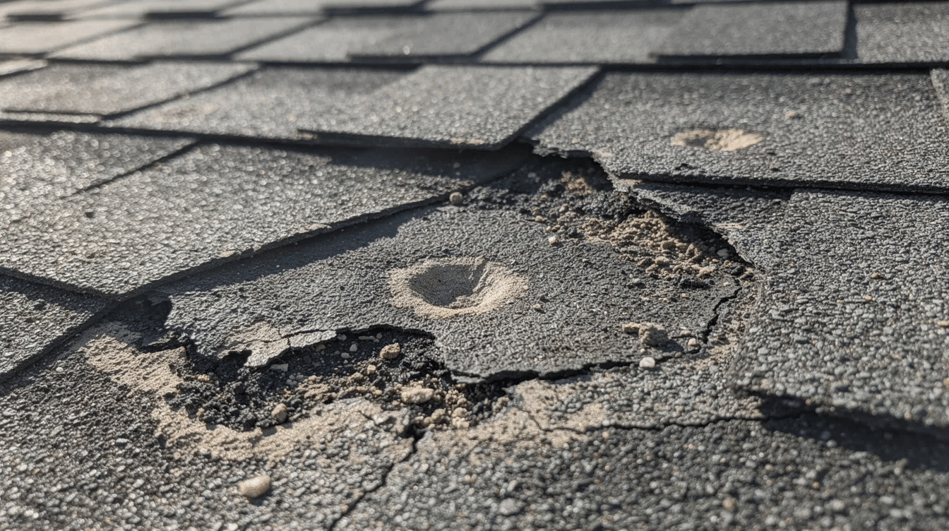 The image shows a close-up view of damaged asphalt shingles, highlighting granule loss and noticeable hail impact marks, which are indicators of storm damage. This visual evidence is crucial for a thorough roof inspection and may be necessary for insurance claims related to severe weather events.