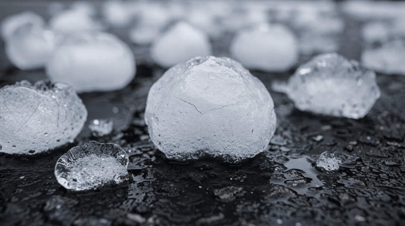 The image shows a close-up view of large hailstones resting on a dark asphalt surface, highlighting the potential for hail damage to roofing materials like asphalt shingles during severe weather events. Such extreme weather conditions can lead to costly repairs and the need for professional roof inspections to assess any impact on the roof's lifespan.