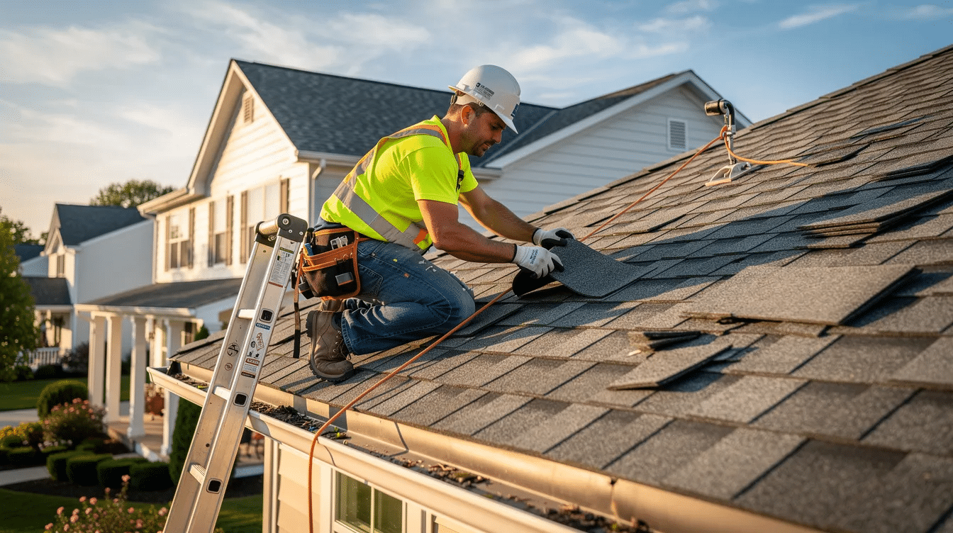 A professional roofer is inspecting the condition of asphalt shingles on a residential roof, looking for signs of storm damage such as missing shingles or hail damage. The inspection is crucial for maintaining the roof's lifespan and preventing costly repairs, especially in the face of severe weather events common in Central Texas.
