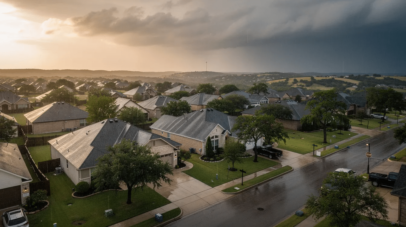 An aerial view of a suburban neighborhood in Austin showcases various homes with asphalt shingle roofs, some showing visible storm damage after a recent thunderstorm. The scene highlights the impact of severe weather on roofing materials, emphasizing the importance of regular roof inspections and the potential need for repairs due to hail damage and missing shingles.