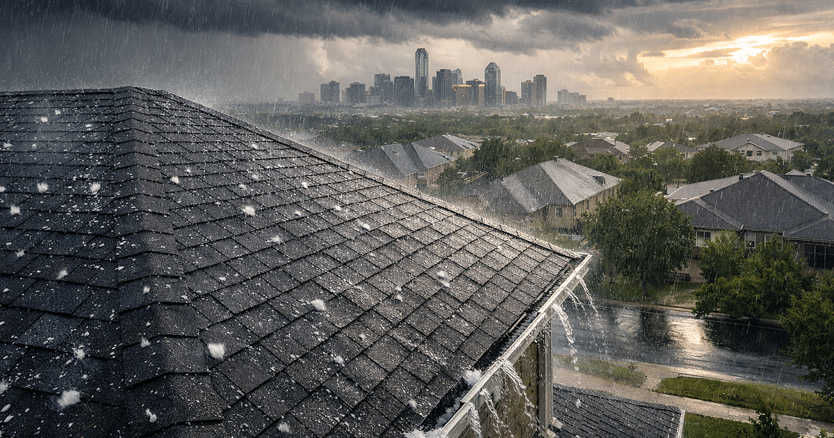 Asphalt shingle roof in Austin Texas during a storm, showing heavy rain, wet shingles, and water runoff under dark storm clouds