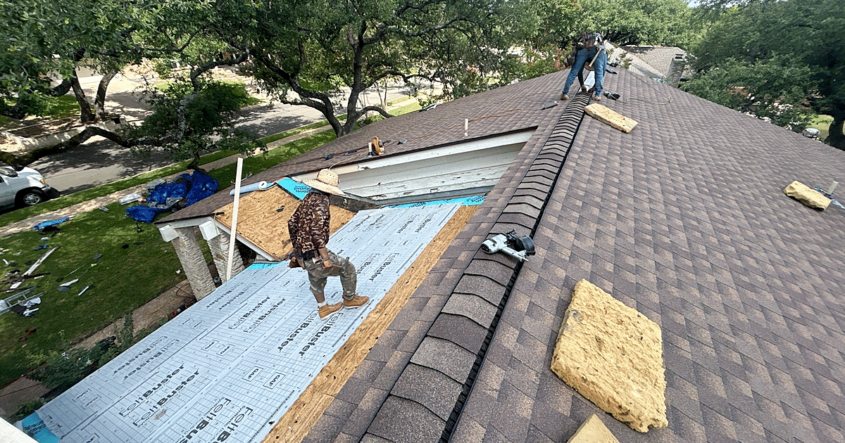 Roof installation showing proper shingle nailing technique with correct nail placement along the nail line and consistent fastening pattern