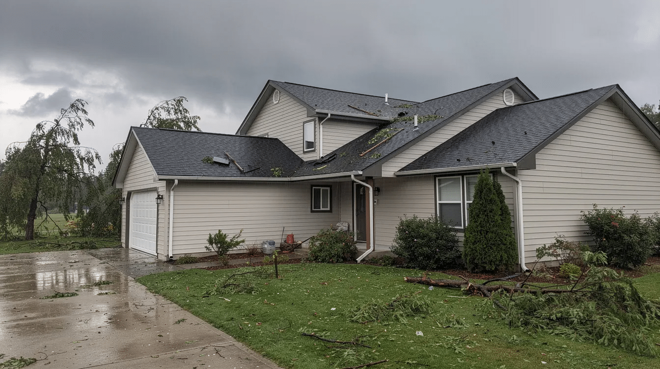 The image depicts the exterior of a residential home from ground level, showcasing the roof and surrounding property after a severe storm. Visible signs of storm damage include missing and displaced shingles, highlighting the need for a thorough roof inspection to assess the roof's condition and prepare for potential insurance claims.