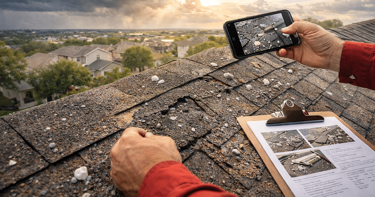 Roofing contractor documenting hail damage on a Central Texas home during a storm damage inspection report, showing shingle granule loss and roof damage in an Austin-area neighborhood.