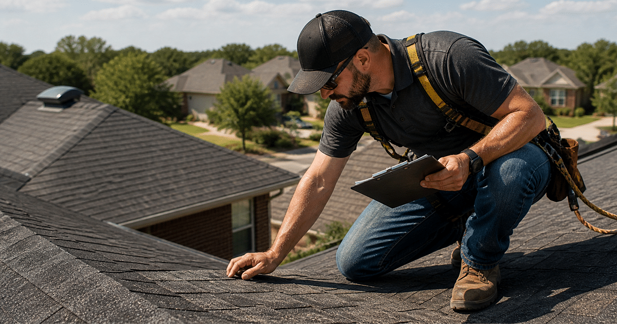 Professional roofing inspector in Dallas Texas examining asphalt shingles on a residential roof while wearing a safety harness and holding a clipboard in natural sunlight