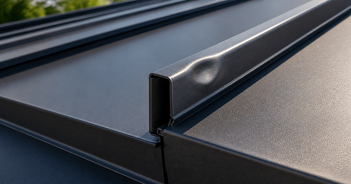Close-up of dented standing seam metal roof panel showing hail impact damage and Kynar-coated finish