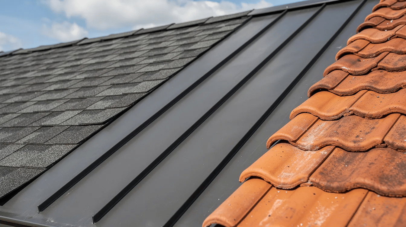 The image features a close-up view of three different roofing materials displayed side by side on a residential house, showcasing asphalt shingles, metal panels, and clay tiles. This comparison highlights various roofing options for homeowners considering a roof replacement, emphasizing the diverse material choices available for enhancing energy efficiency and the roof's lifespan.