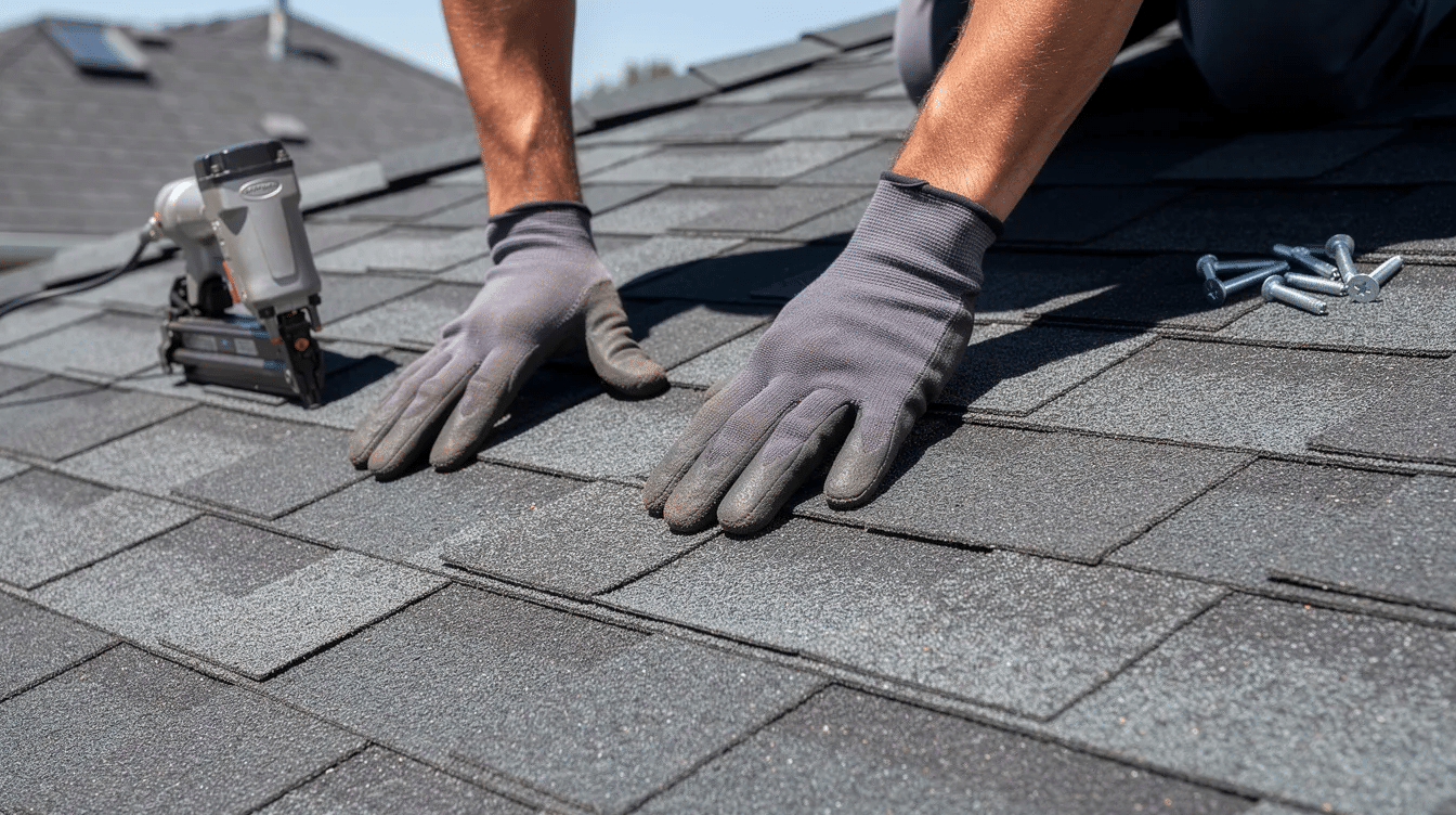 A close-up photograph captures a roofer's hands carefully installing dark gray architectural shingles on a residential roof, showcasing the precise workmanship involved in a roof replacement project. This image highlights the use of quality roofing materials essential for durability and energy efficiency, relevant for Austin homeowners considering a roof estimate.