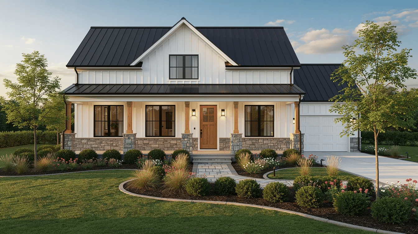 The image depicts a modern farmhouse-style home featuring a dark charcoal standing seam metal roof made of galvanized steel, complemented by stone accents and a beautifully landscaped front yard. This stylish roofing material offers enhanced protection and energy efficiency, making it a popular choice in Texas for its durability and minimal maintenance needs.