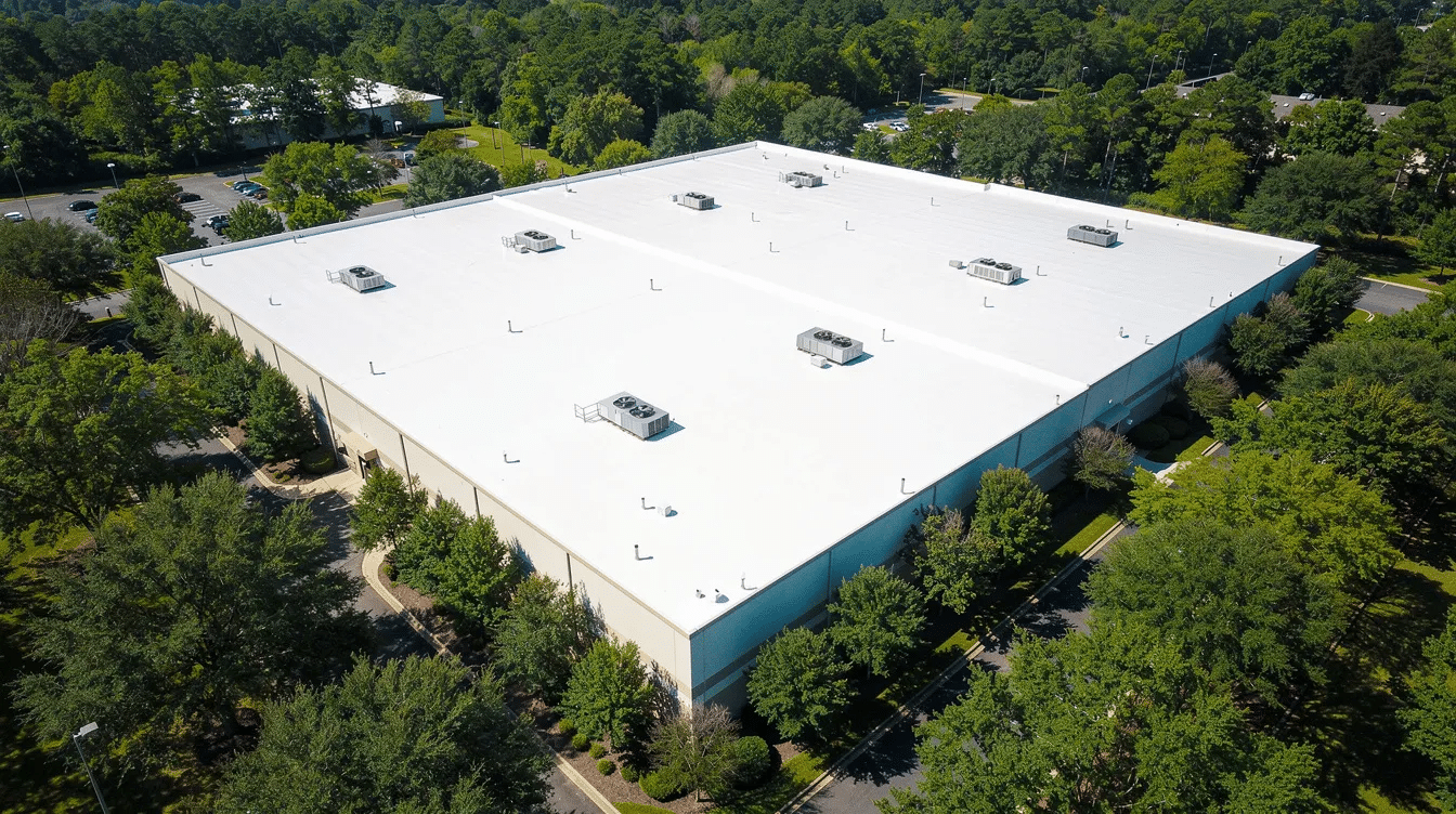 An aerial view showcases a completed white flat roof on a commercial building, nestled among trees on a sunny day. This TPO roofing installation reflects UV rays, enhancing energy efficiency in Austin's climate while providing reliable protection for the structure.