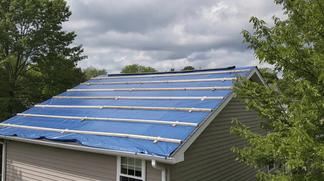 The image depicts a blue weatherproof tarp secured with wooden boards on a residential roof, surrounded by trees under a cloudy sky, indicating emergency roof repair after storm damage. This temporary protection aims to prevent further damage from an active roof leak while homeowners await permanent repairs from a roofing contractor.