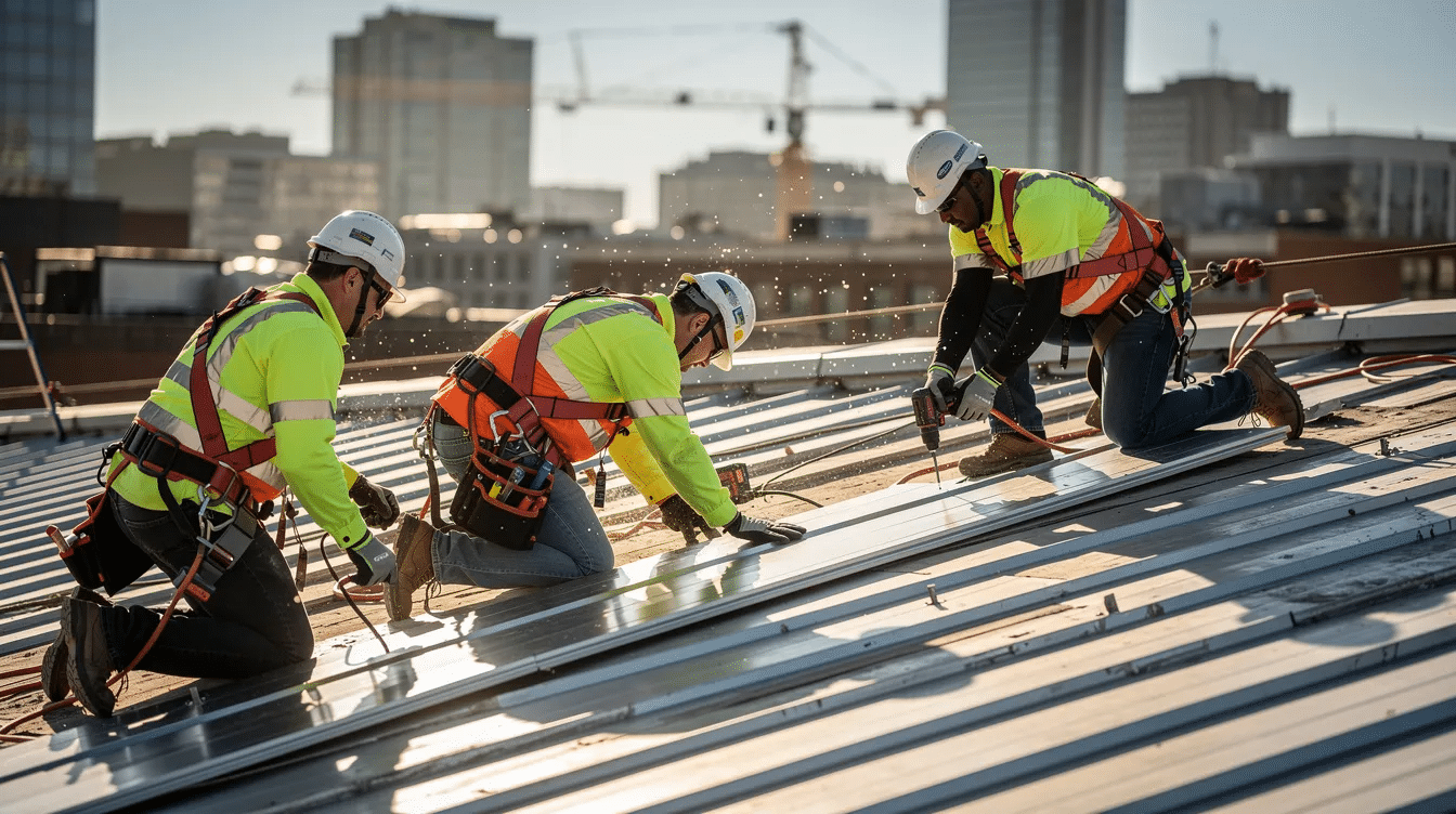 A group of construction workers is seen on a rooftop, skillfully installing large galvalume metal roofing panels using power tools and wearing safety harnesses. The scene highlights the use of durable galvanized steel roofing, showcasing the importance of proper installation for enhanced protection and energy efficiency in roofing systems.