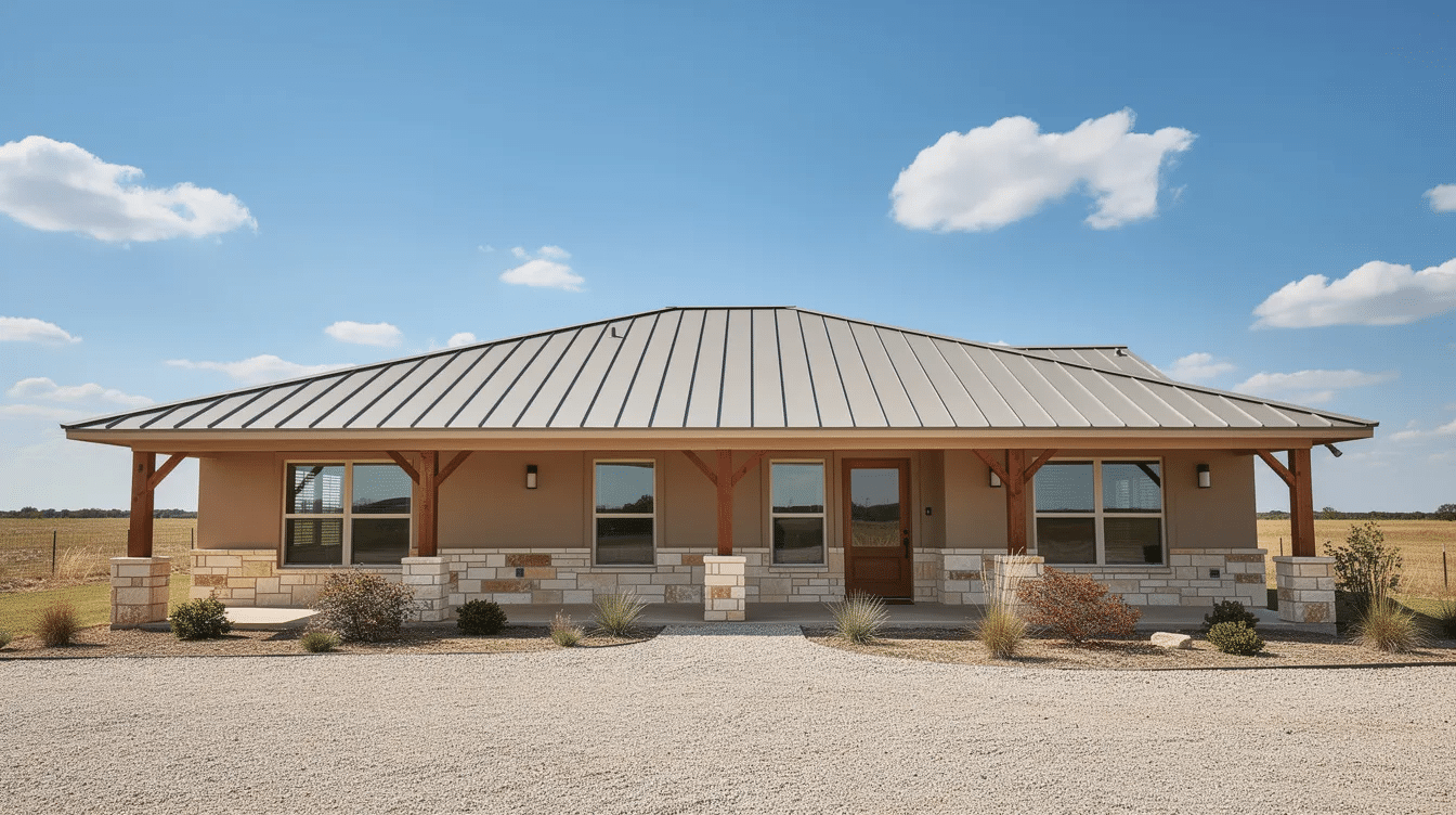 A Texas-style ranch home features a clean standing seam metal roof made of galvanized steel, set against a bright blue sky with scattered clouds. This roofing material offers superior corrosion resistance and energy efficiency, making it an ideal choice for the Texas climate.