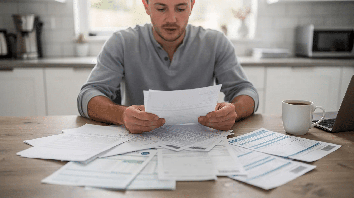A homeowner is seated at a kitchen table, surrounded by various documents and paperwork related to their roofing project, including estimates for roof replacement and details about different roofing materials like asphalt shingles and metal roofing. The scene reflects the homeowner's effort to understand the costs and options for a quality roof replacement in Austin.