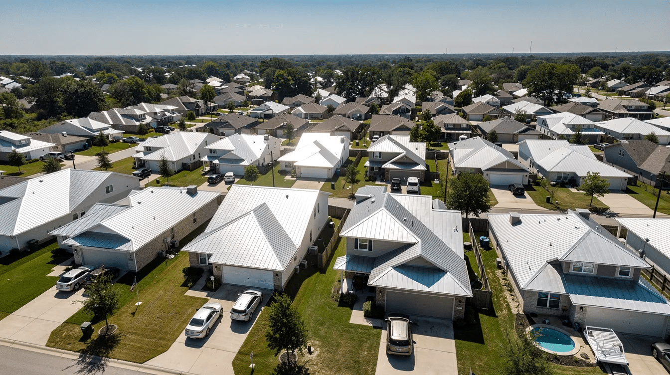 An aerial view of a suburban neighborhood showcases several homes, each featuring metal roofs that reflect sunlight on a hot summer day. The galvanized steel roofing adds to the energy efficiency and aesthetic appeal of the houses, making them well-suited for the Texas climate.