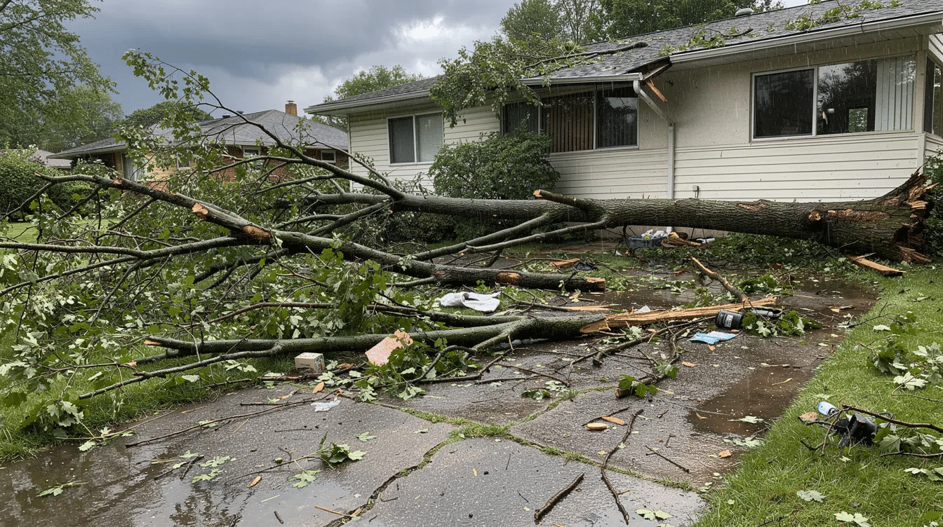The image shows a residential yard and driveway littered with broken tree branches and storm debris after a severe thunderstorm, highlighting the potential for roof damage and the need for emergency roof repair services. Homeowners may need to assess the situation for missing shingles and consider contacting a roofing professional for further inspections and repairs to prevent future leaks and structural damage.