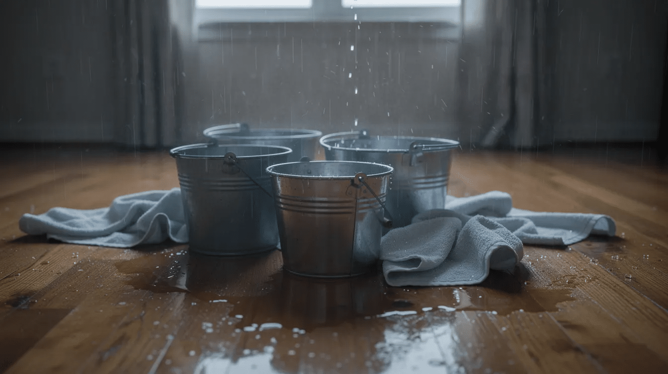 The image shows buckets and towels on a hardwood floor, positioned to catch water dripping from the ceiling during a rainstorm, indicating an active roof leak. This situation may require emergency roof repair services to prevent further damage and ensure the structural integrity of the home.