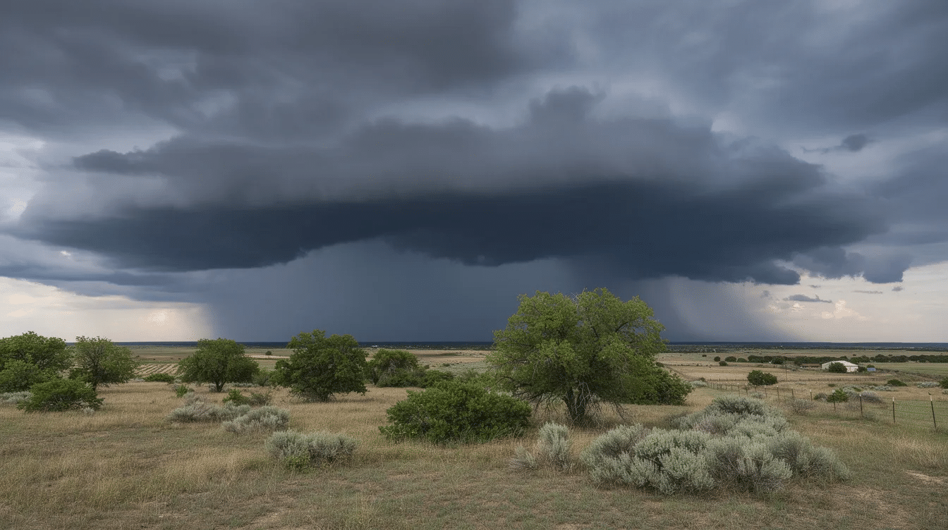 A dramatic scene of dark storm clouds looms over a flat Texas landscape, with vibrant green trees in the foreground. This image evokes a sense of impending weather, reminding Austin homeowners of the importance of a quality roof replacement to withstand storm damage and reduce cooling costs.