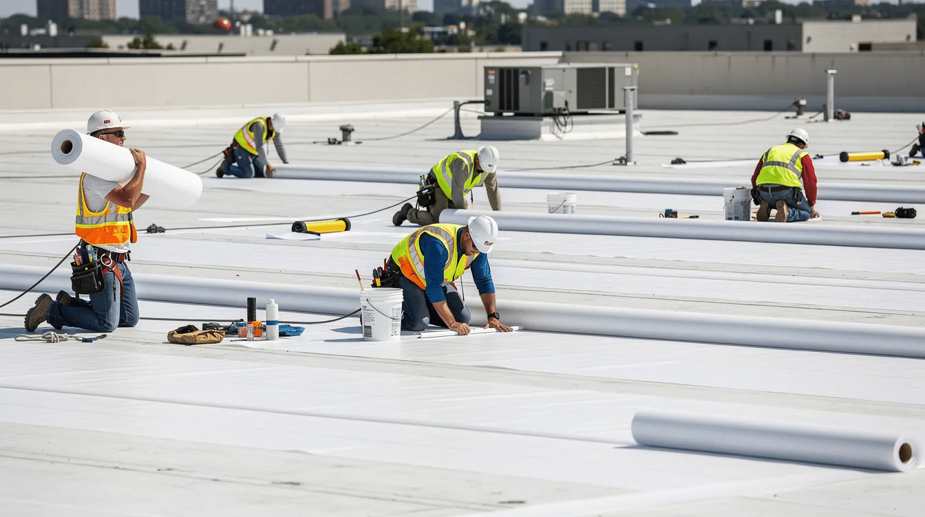 A roofing crew wearing hard hats is actively working on a flat commercial roof, surrounded by rolls of white TPO roofing membrane. This installation is part of a roofing project aimed at providing energy efficiency and reliable protection for commercial buildings in Austin, Texas.