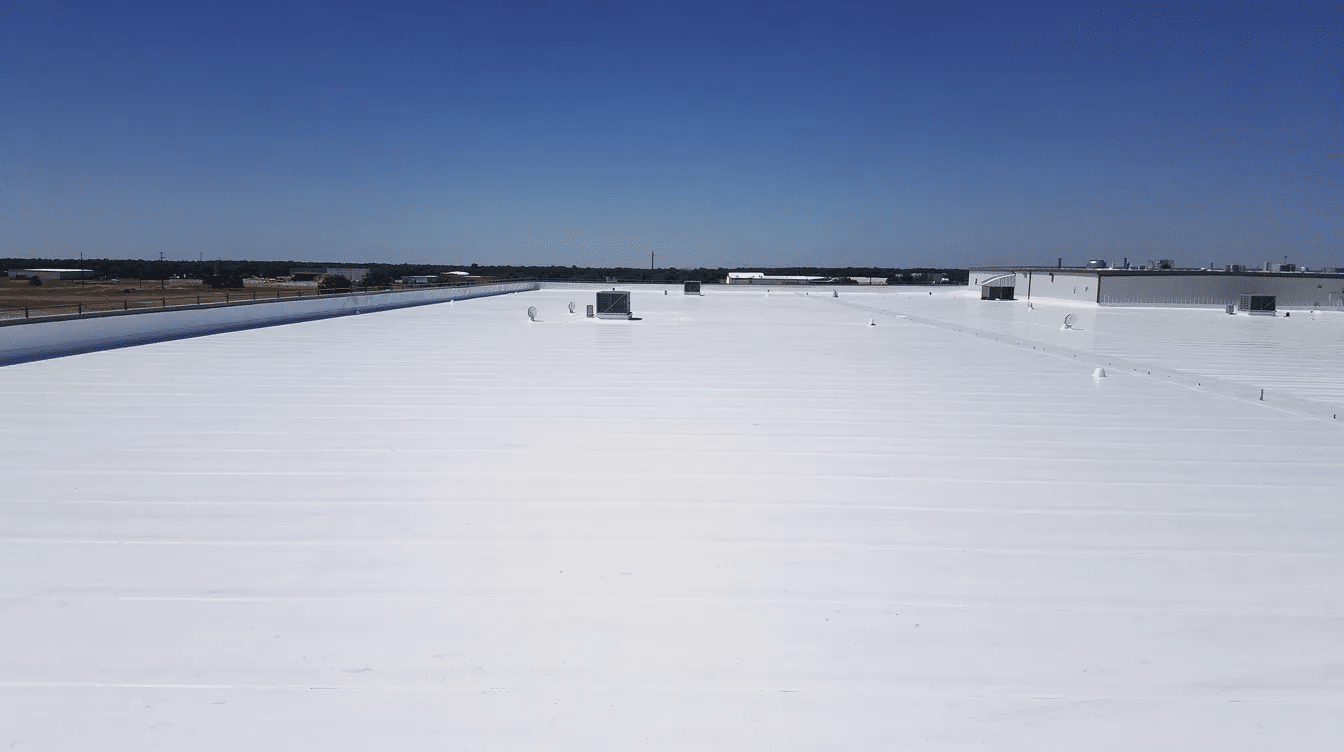 A wide-angle view of a flat commercial roof showcases a bright white TPO membrane, reflecting the clear blue Texas sky above. This energy-efficient roofing material is ideal for commercial buildings in Austin, providing reliable protection against the intense summer heat and UV rays.