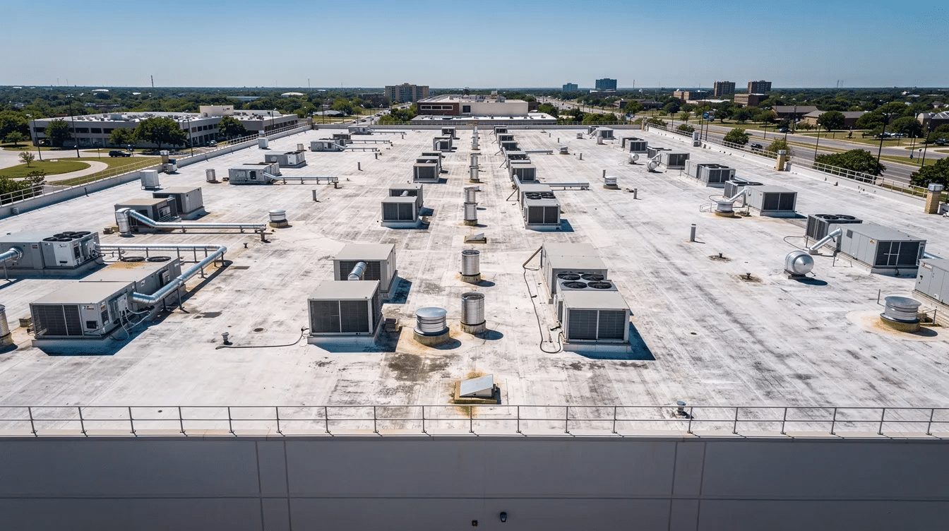 An aerial view captures a large commercial flat roof in Austin, Texas, featuring multiple HVAC units and vent pipes under a clear blue sky. This image highlights the importance of regular inspections for commercial roofs to ensure proper maintenance and to prevent costly repairs from issues like roof leaks or storm damage.