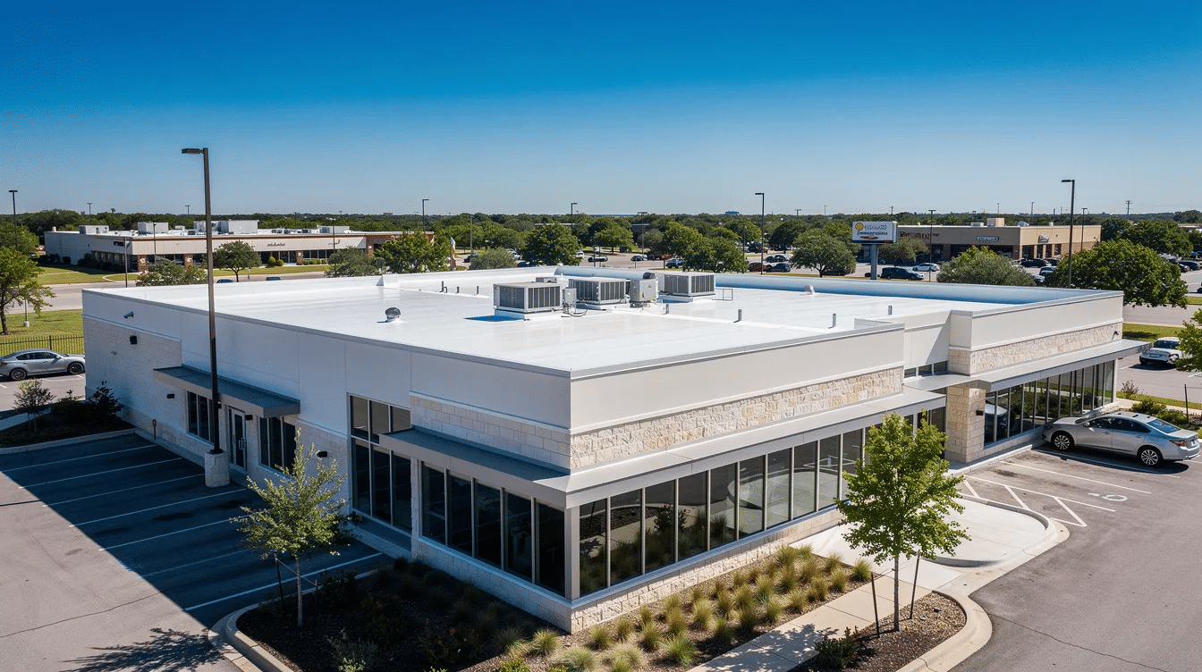 The image shows the exterior of a commercial building basking in bright Austin sunshine, featuring a well-maintained white reflective roof that suggests proper maintenance and regular inspections are crucial for its longevity. This roofing system is designed to withstand the intense UV exposure and heat typical of Austin, ensuring its durability and effectiveness against potential storm damage.