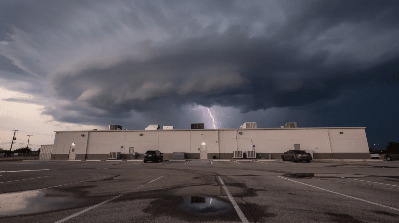 Dark thunderstorm clouds loom ominously over a flat commercial building in Texas, with flashes of lightning visible in the distance. This scene highlights the importance of regular roof inspections for commercial roofs, especially during storm season, to prevent potential storm damage and ensure the roof's condition remains optimal.
