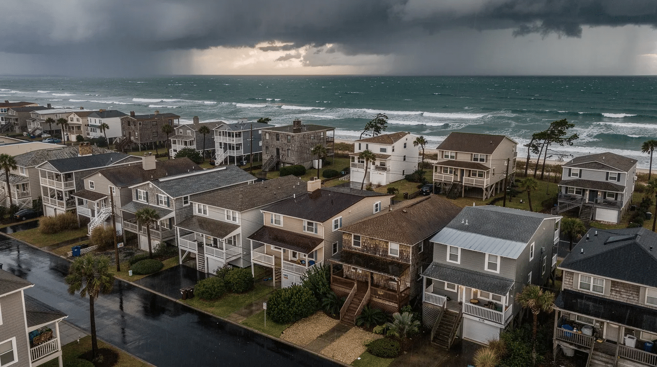 The image shows an aerial view of a coastal neighborhood with homes featuring shingled roofs, set against a backdrop of stormy Gulf skies. This scene highlights the potential for salt air damage and corrosion to roofing materials, emphasizing the need for coastal homeowners to consider salt-resistant roofing systems to protect against the harsh coastal environment.