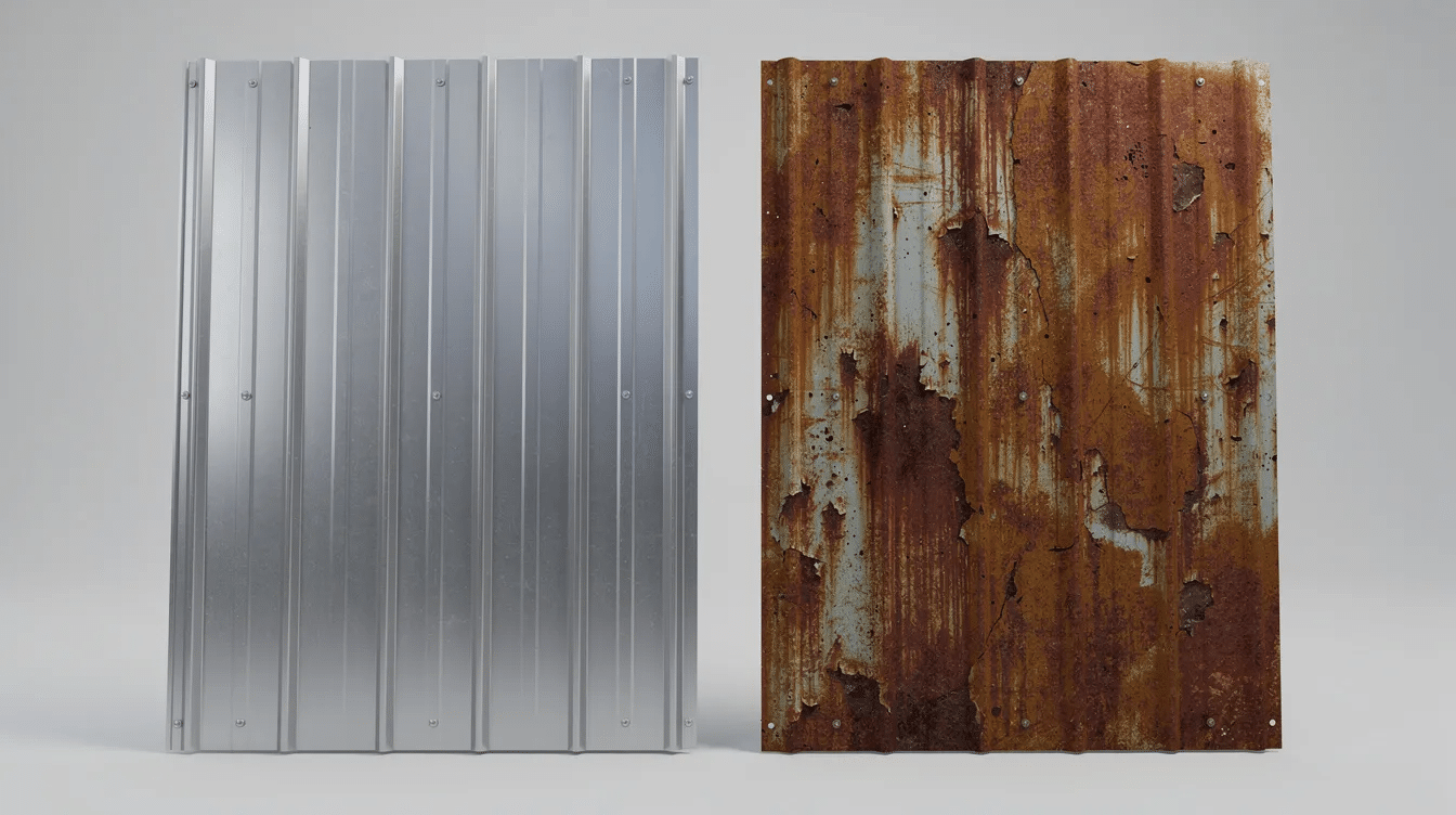 The image shows a side-by-side comparison of a new, shiny metal roof panel and a heavily weathered, rusted metal panel, highlighting the effects of salt air exposure and salt corrosion on roofing materials. The contrast illustrates how salt air damage can compromise metal components, emphasizing the importance of using salt-resistant roofing materials for coastal homeowners.