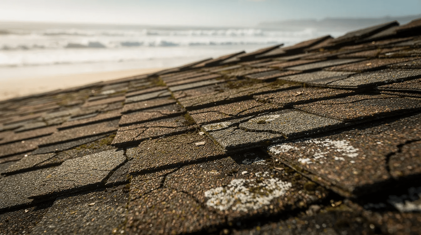 A close-up view of weathered asphalt shingles shows signs of salt air damage, with visible rust streaks and salt deposits accumulating near the edges. In the background, ocean waves crash against the shoreline, highlighting the impact of salty air exposure on roofing materials in coastal environments.