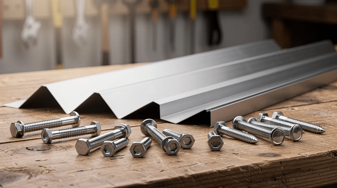 The image shows stainless steel roofing screws and aluminum flashing materials neatly arranged on a workbench, highlighting essential metal components for roofing systems. These materials are crucial for coastal homeowners to protect against salt air corrosion and extend the roof's lifespan in harsh coastal environments.