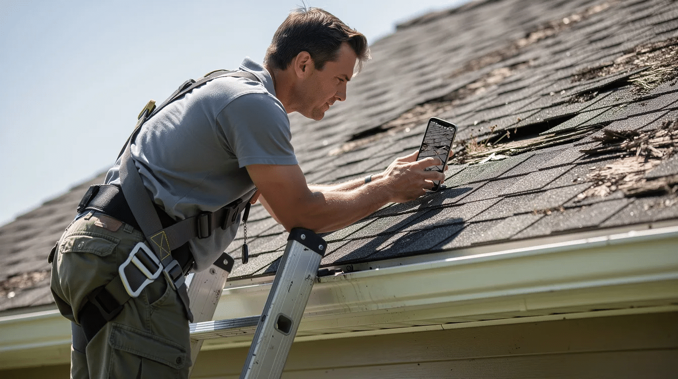 A person is standing on a ladder, closely inspecting roof shingles with a smartphone in hand to document their condition, possibly for an insurance claim related to hail damage or storm claims. This image highlights the importance of conducting a thorough roof inspection, especially for Texas homeowners dealing with potential roof replacement or insurance company recommendations.