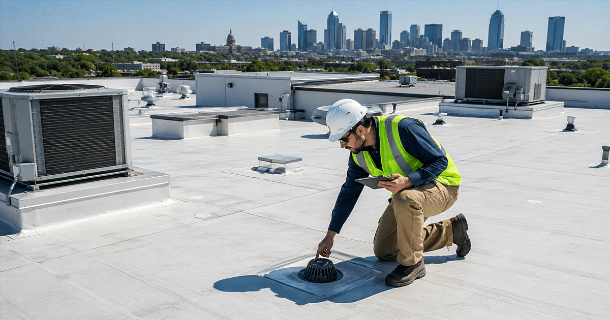 Commercial roof inspector checking a flat roofing system near HVAC equipment in Austin, Texas.