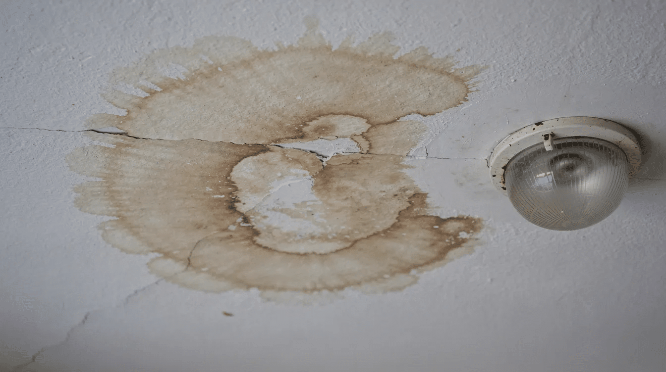 A water stain is spreading across a white ceiling in an older home, located near a light fixture, indicating potential roof damage that may require inspection and repair. Homeowners in central Texas should be aware of such warning signs as they could relate to issues with roofing materials, especially after storms or extreme weather events.