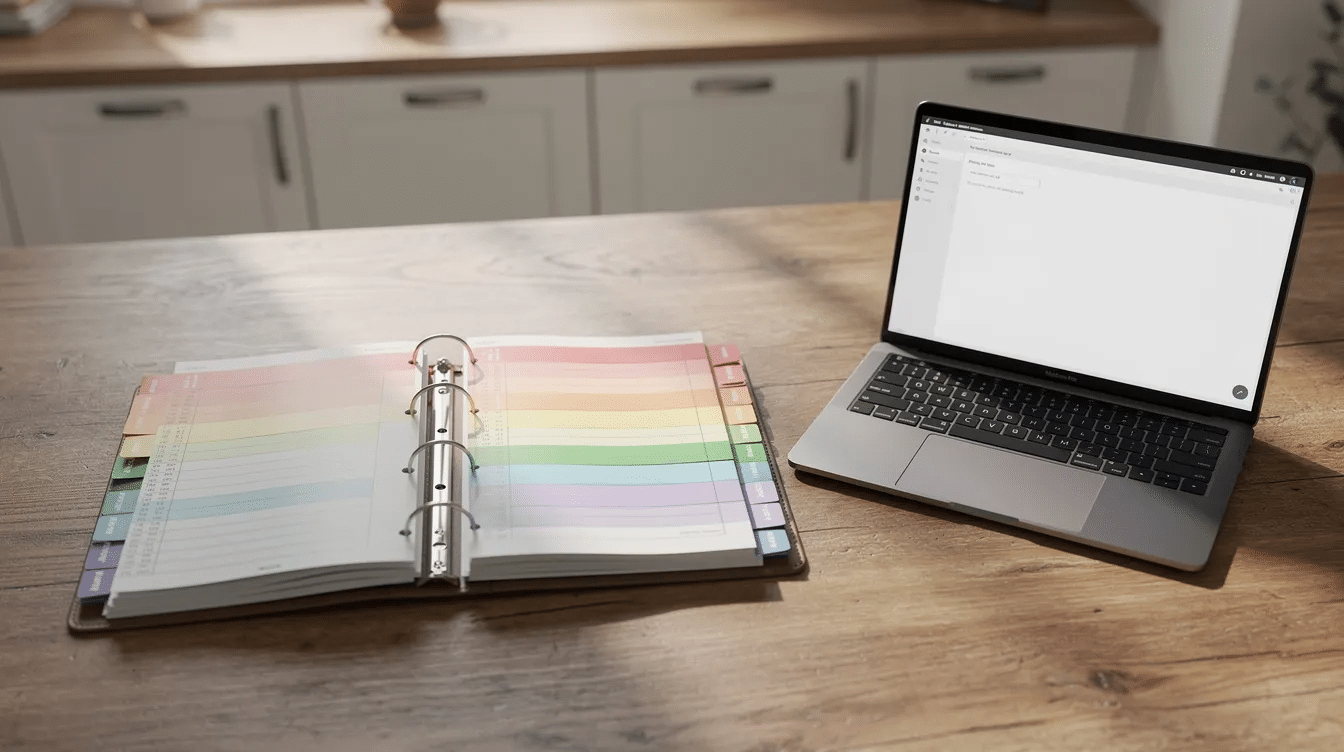 The image shows an organized binder with colored tab dividers, open on a kitchen table next to a laptop, suggesting a detailed claims process for Texas homeowners dealing with storm damage, such as hail or wind. This setup likely includes important documents related to insurance claims, roof inspections, and the necessary steps for roof replacement.