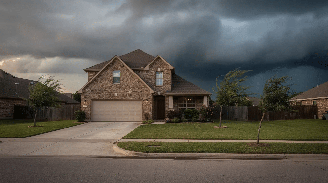 The image depicts a Texas suburban home under dark storm clouds, signaling an incoming hail storm that could potentially cause roof damage. Homeowners should be aware of the claims process with their insurance company, especially during storm season, to address any possible issues such as missing shingles or hail damage.
