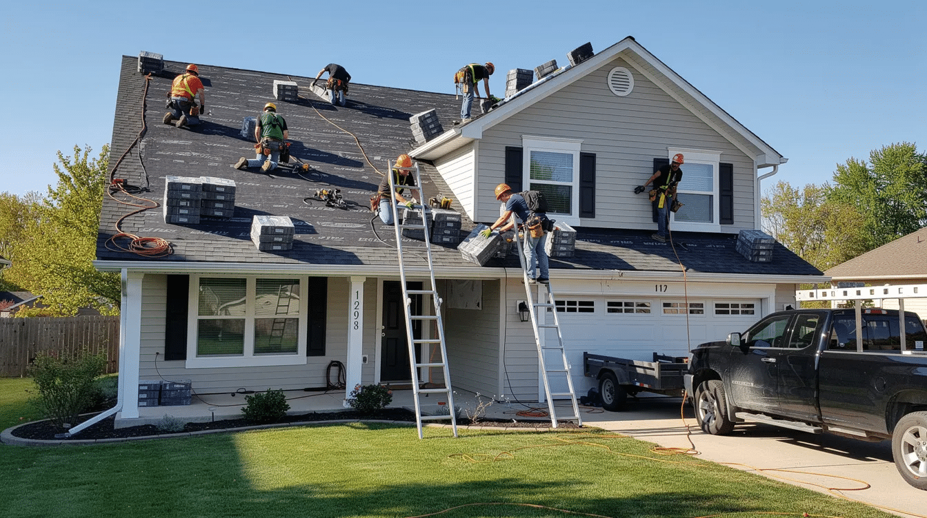 A roofing crew is actively installing new shingles on a residential house under bright sunlight, showcasing the process of a full roof replacement. This work not only enhances the home's curb appeal but also ensures the roof's condition is optimal for potential real estate transactions.