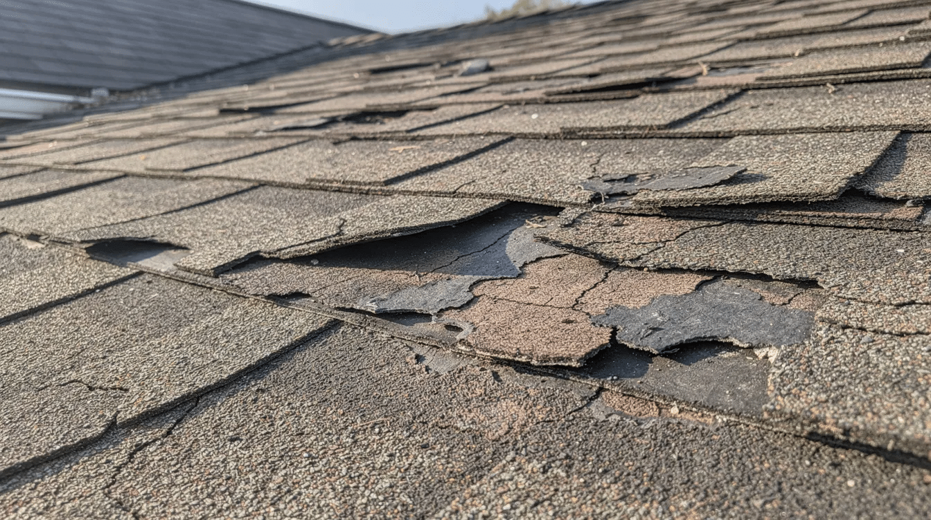 The image shows a close-up view of aged, cracked asphalt shingles on a vintage home's roof, highlighting visible granule loss and curling edges, which are warning signs of potential roofing issues. This deterioration is particularly relevant for homeowners in Central Texas, where extreme heat and wind events can significantly impact the durability of roofing materials.