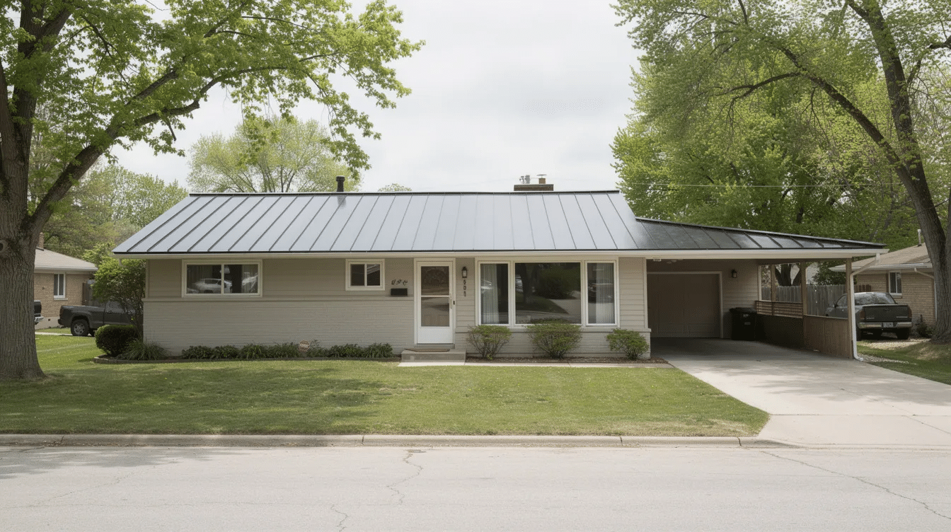 The image depicts a standing seam metal roof installed on a 1960s ranch-style home, surrounded by trees in a residential neighborhood. This roofing material is known for its durability and heat resistance, making it a popular choice for Austin homeowners facing central Texas weather conditions.