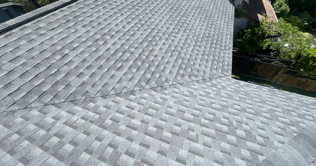 Asphalt shingle roof valley on an Austin home showing a common area for roof leaks and roof repair.