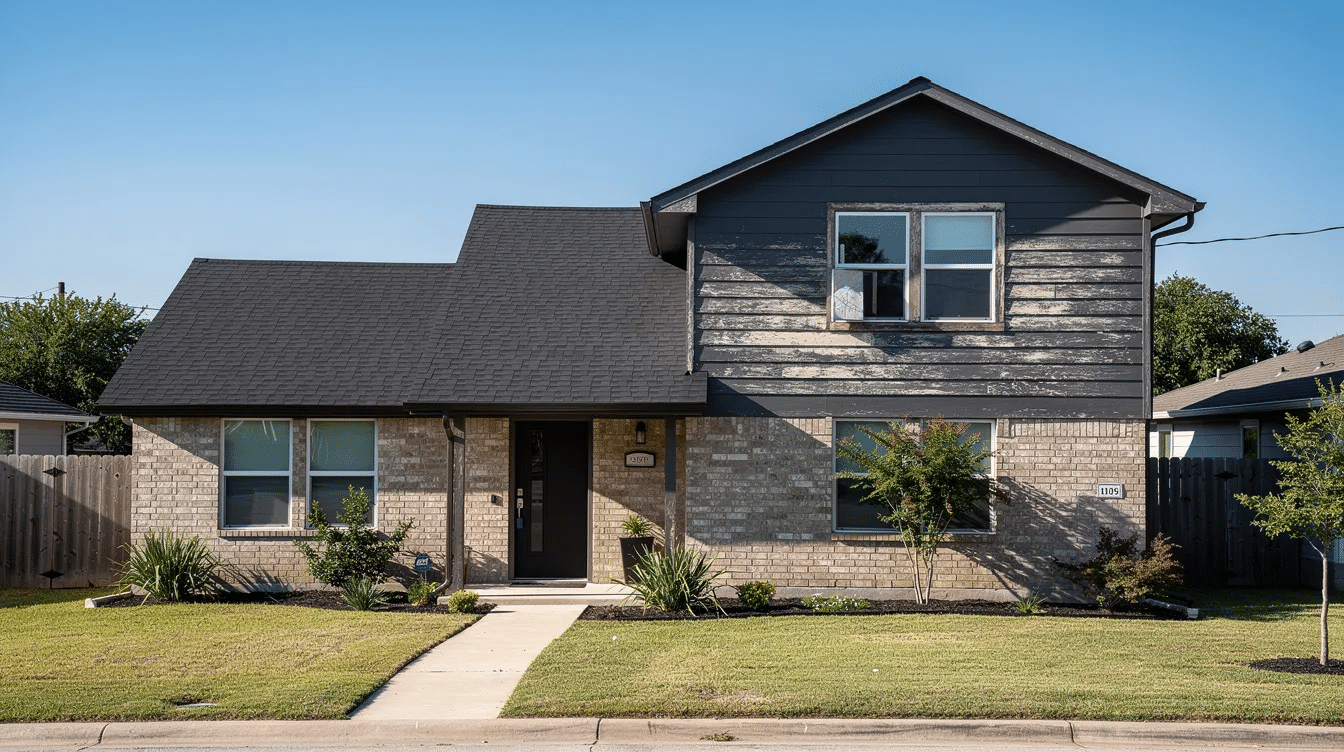 The image depicts a two-story home in Austin, Texas, showcasing a brand-new dark roof that contrasts sharply with the slightly faded upper siding, illuminated by sunlight. The exterior highlights the importance of roof replacement and maintenance, indicating a well-kept home's exterior in the Austin area.