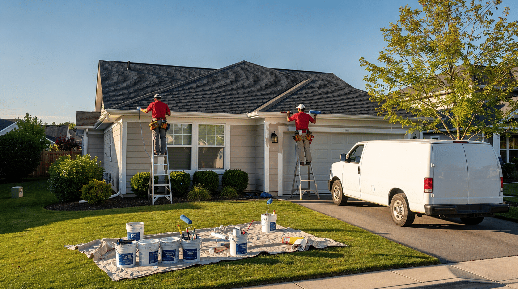 A professional painting crew is diligently working on the fascia and trim of a single-story home that features a new roof, set in a sunny suburban neighborhood in Austin, TX. The home’s exterior showcases freshly painted walls, highlighting the importance of maintenance after a roof replacement to ensure the property remains in good condition.