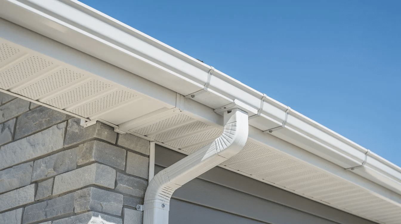 The image features a close-up view of a residential roofline illuminated by bright sunlight, showcasing the fascia board, soffit, and gutter details on a home with stone and James Hardie siding. This highlights the importance of roof maintenance and inspection for homeowners in the Austin area to ensure their roofing materials remain in good condition against the summer heat and potential storm damage.