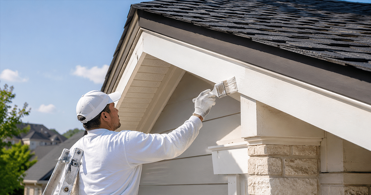Painter applying fresh paint to fascia and roofline trim after a roof replacement in Austin, TX.