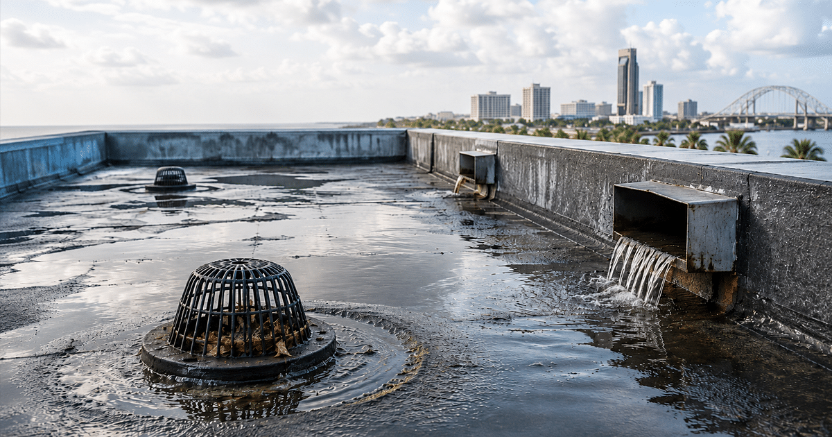 Ponding water around commercial roof drains and scuppers on a flat roof in Corpus Christi, Texas.