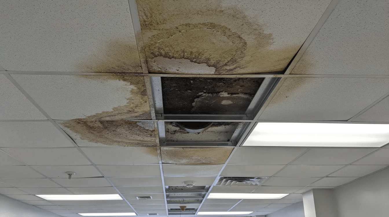 The image depicts the interior ceiling of a commercial building, showcasing visible water stain damage and discoloration caused by a roof leak above. This damage highlights potential drainage issues, such as clogged drains or poor drainage from the flat roof, which can lead to significant problems for commercial property owners if not addressed.
