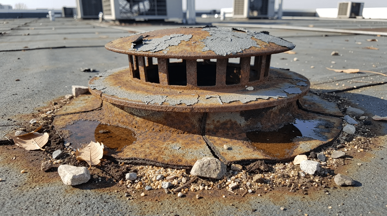 The image shows a close-up view of a corroded metal roof drain strainer on a flat commercial rooftop, with visible rust and debris accumulating around the edges. This indicates potential drainage issues, such as clogged drains and standing water, which can lead to water damage and poor drainage in commercial buildings.